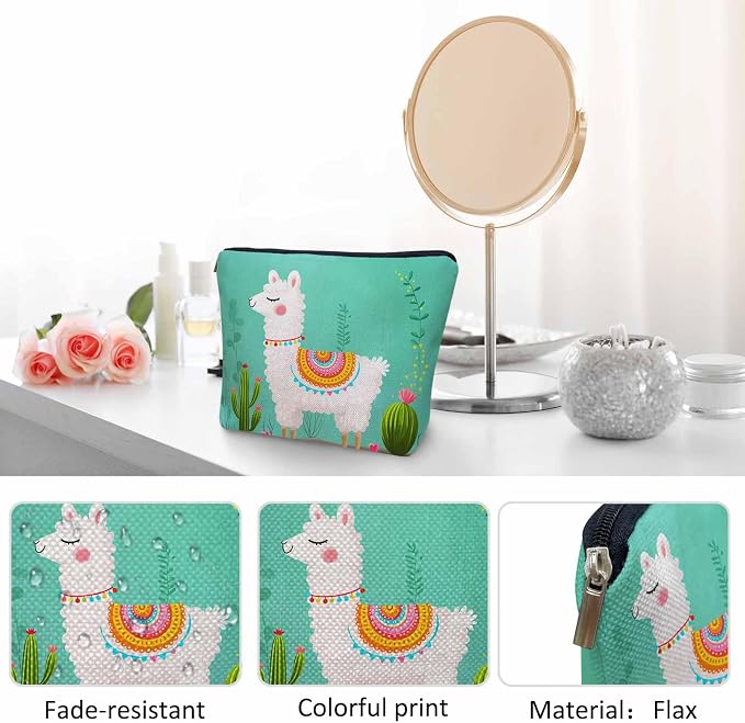Makeup Bag Llama Makeup Bags For Purse Pouch, Funny Llama Alpaca Cactus Floral Green Travel Toiletry Bag Cosmetic Bag Makeup Bags Flax Makeup Organizer Bag Pencil Pouch For Man Woman - Image 5