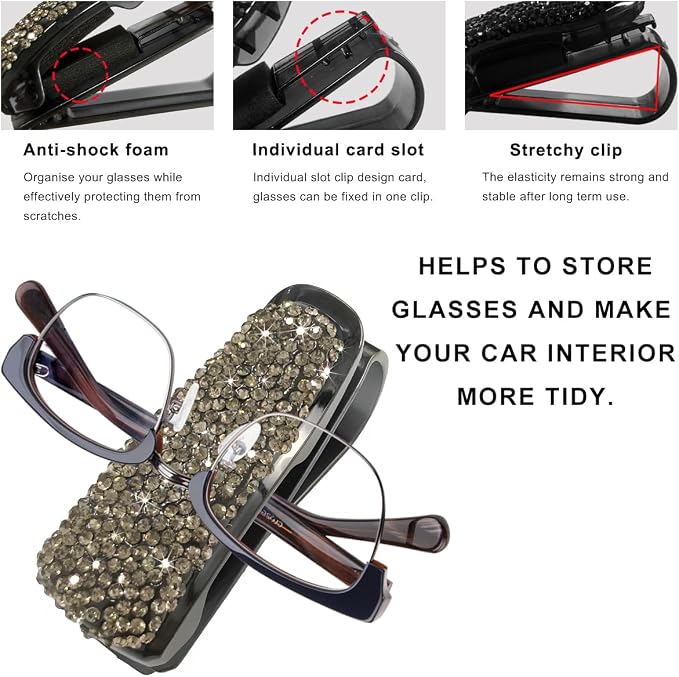 2 PCS Glasses Holders for Car Sun Visor, Bling Crystal Rhinestones Car Sunglasses Holder with Ticket Card Clip, Eyeglasses Hanger Mount for Women Girls, Car Interior Accessories (Gray) - Image 3