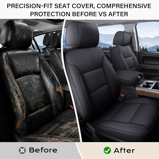 Coverado Chevy Silverado Seat Covers, Faux Leather Seat Covers Fit for Chevy Silverado GMC Sierra 2007-2025 1500, 2015-2025 2500HD 3500HD Crew Double Extended Cab (Front, Black) - Image 3