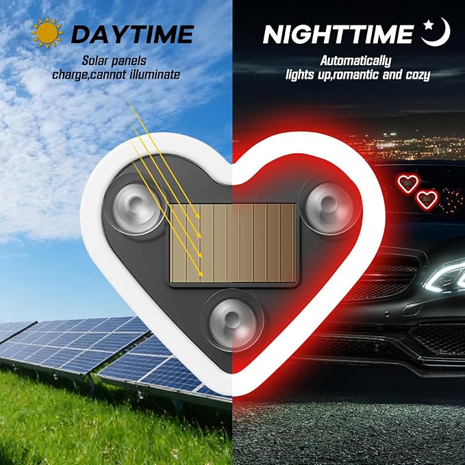 Car Window Wireless LED Ambient Light Solar Powered Love Heart Shaped Neon Lamp for Night Driving Interior Decor Accessories Romantic Gift for Women Girl Couples-Red - Image 3