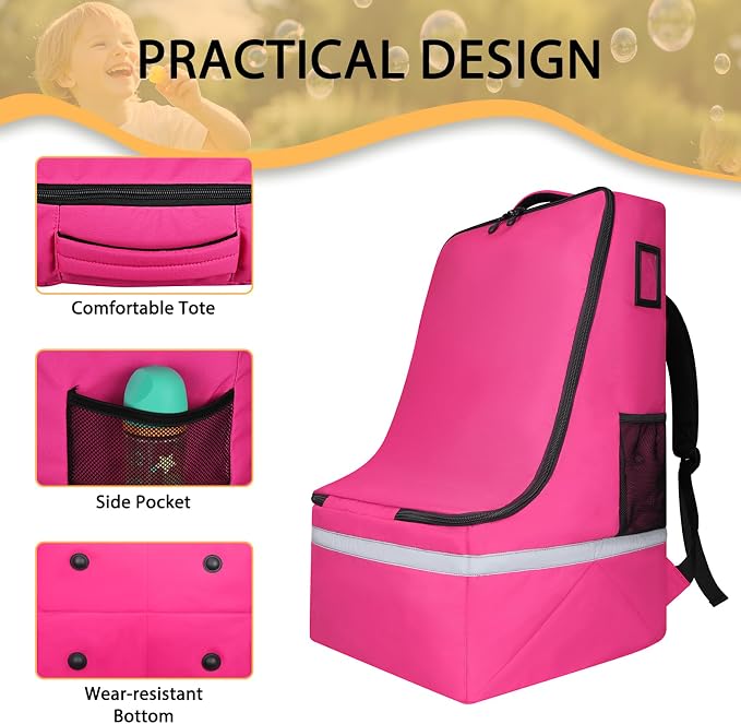 LARIPOP Car Seat Travel Bag for Airplane, Universal Gate Check Car Seat Bag, Padded Backpack with Waist Belt, Reflective Strips & Protective Feet, Fits Infant Convertible Booster Seats, Pink - Image 5