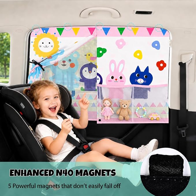 Car Window Shades for Baby, 2 Pack Magnetic Double Layer Car Sun Shade Baby with Storage Pockets, Adjustable Privacy Full & Half Shade Cartoon Pattern Window Curtains for Kids UV Protection - Image 3