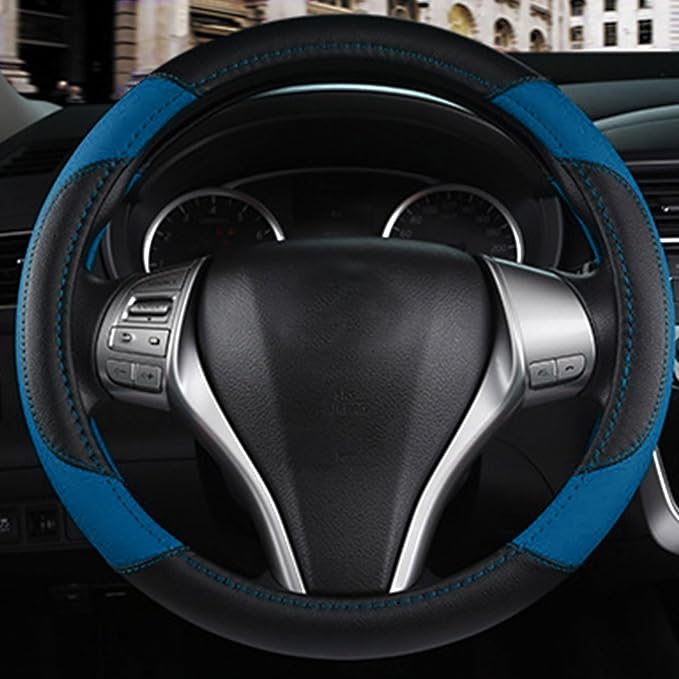 Leather Car Steering Wheel Cover, Universal Fit for Most Cars, Blue-2 | Microfiber Leather,Non-Slip Breathable Auto Steering Wheel Protector - Image 4