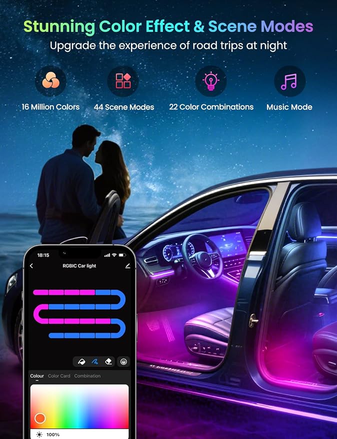 Pak Smart RGB+IC Car LED Lights, 72 LED 16 Million Colors Interior Light | Under Dash Car Strip Light with Music Mode and DIY Mode, 2 Lines Design with Charger, Ambient Lighting for Cars SUVs Trucks - Image 2