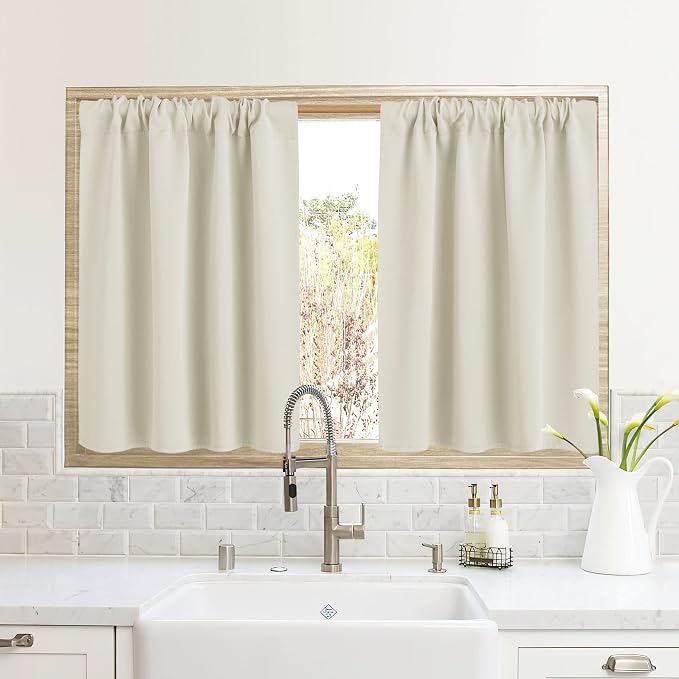 RYB HOME RV Curtains for Camper Windows, Mini Small Curtain Tiers | Thermal Insulated, Sunlight Heat Light Blocking, Privacy Portable Curtains for Travel Trailer, W34 x L24, Beige, 2 Panels by RYBHOME