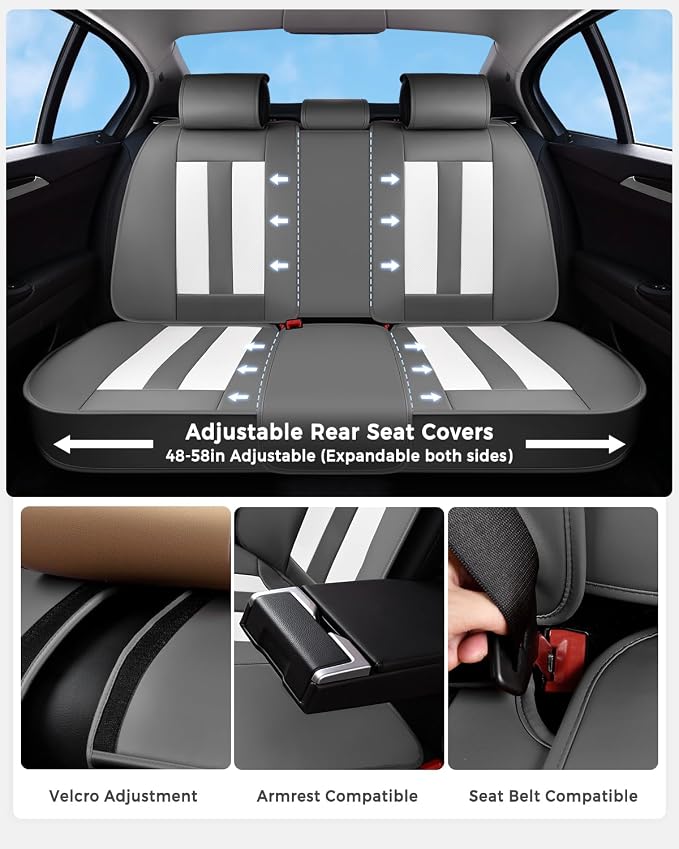 Huidasource Universal Car Seat Covers, Waterproof Faux Leather, Airbag Compatible, Easy Install, Preserve Cup Holders and Seat Functions, Great for Daily & Outdoor Use, Gray & White - Image 3
