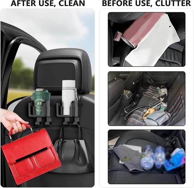 OFBAND 2PCS Multifunctional Car Cup Holder + Car Phone Holder + Car Purse Hook,Hanging Back Seat Car Organizer with Headrest Hooks,Universal Car Organizer Car Accessories Interior - Image 4