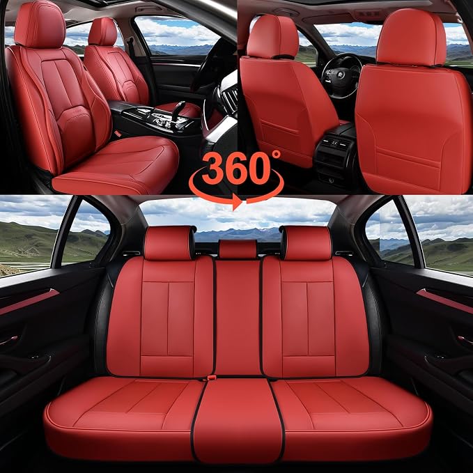 Coverado Car Seat Covers Full Set, Premium Nappa Leather Seat Covers for Car, Waterproof Car Seat Protector with Lumbar Support, Automotive Seat Covers Universal Fit for Most Cars SUV Truck, (Red) - Image 6