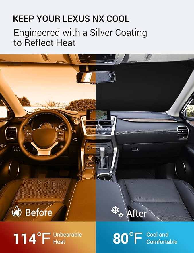 Proadsy Custom Fit 2015-2021 Lexus NX Windshield Sun Shade, Blocks Heat | 240T Heat Shield, Drops Temp 54°F, Blocks 99% UV, Prevents Dashboard Cracking, Summer Parking & Beach Trips, Easy Twist-Fold - Image 3