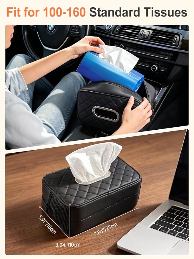 2PCS Multi-functional Car Tissue Holder with ‌2 Tuck Nets, Tissue Box Cover | Diamond Pattern, Upgraded PU Leather, Large Rectangle,White Napkin Storage Organizer, Keep Car Tidy - Image 3