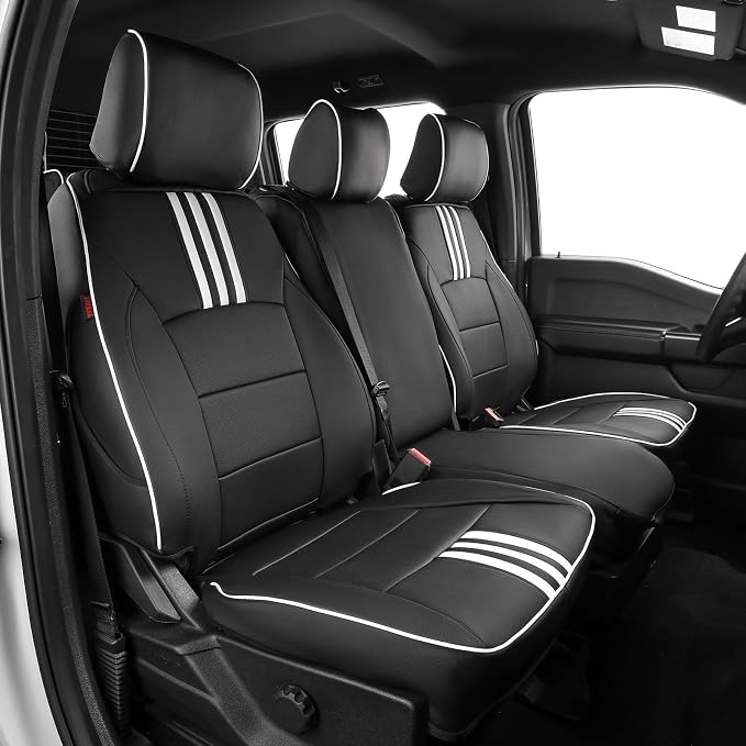 EKR F150 Seat Covers Custom Fit for (SuperCab) Ford F-150 STX 2024-2026 & F150 XL/XLT 2021-2026 & Lariat 2021-2022 Full Set,(2 Door,Rear W/NO Armrest) -Faux Leather(Black with White Trim) by EKR