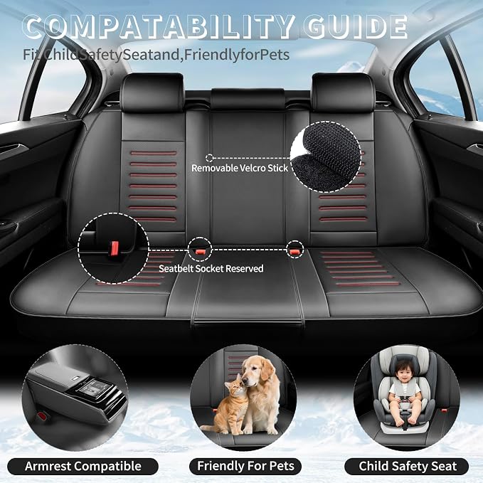 Fit Tundra Car Seat Covers for Toyota Tundra 2007-2025 2026 -Premium Leather, Waterproof，Breathable，All-Weather Seat Cushion Protecto & Airbag Compatible, 2 Front Seat Red Line Black - Image 3