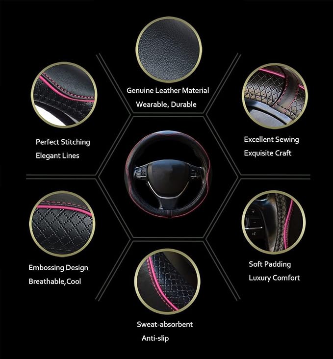 Car Steering Wheel Cover, Anti-Slip, Safety, Soft, Breathable, Heavy Duty, Thick, Full Surround, Sports Style (Black with Pink Line) - Image 4