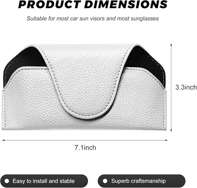 Sunglass Holder for Car Visor, Magnetic Auto Sun Visor Eyeglass Organizer with Dual Back Clips, Leather Glasses Protective Storage Case Universal for Most Vehicles Visors (White) - Image 2