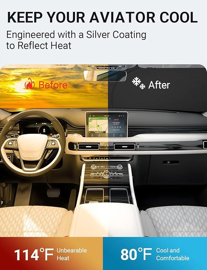 Proadsy Custom Fit Car Windshield Sun Shade for 2020-2026 Lincoln Aviator | 240T Heat Shield, Drops Temp 54°F, Blocks 99% UV, Prevents Dashboard Cracking, Summer Parking & Beach Trips, Easy Twist-Fold - Image 3