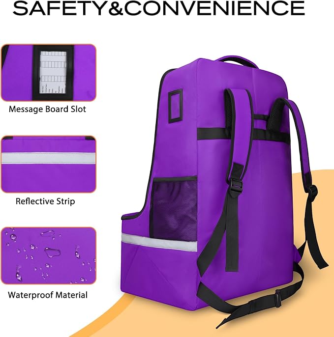 LARIPOP Car Seat Travel Bag for Airplane, Universal Gate Check Car Seat Bag, Padded Backpack with Waist Belt, Reflective Strips & Protective Feet, Fits Infant Convertible Booster Seats, Purple - Image 3