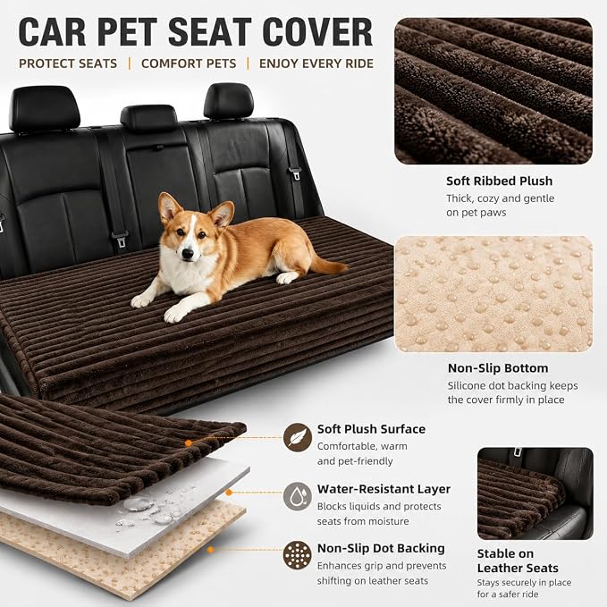 Dog Car Back Seat Bed Waterproof Non Slip Washable Pet Cover | Ultra-soft plush flannel pad soothes pet joint discomfort Vacuum compressed, heavy duty tear-resistant fabric(Brown) - Image 5