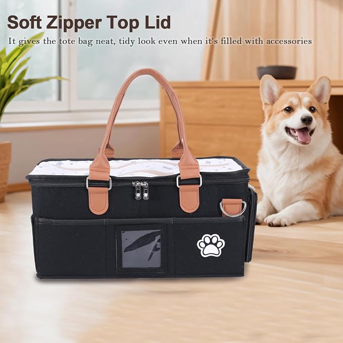 Felt Dog Grooming Bag,Portable Tote Bag for Dogs Cats,Dog Storage Organizer for Grooming Tool Kit,3 Compartments Pet Stuff Oganizers with 8 Pockets-Black - Image 4