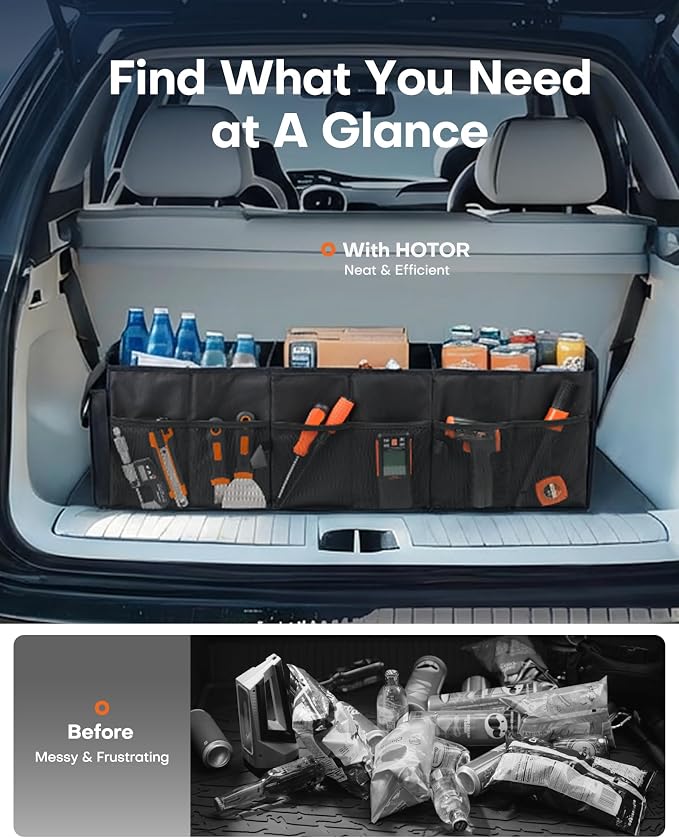 HOTOR Trunk Organizer - Foldable Car Organizer for SUVs & Sedans Storage | Sturdy Car Organization for Men & Women, Car Accessories, Tools, Sundries, Black, 3 Compartments, 31.9" x 12.6" x 10.6" - Image 6