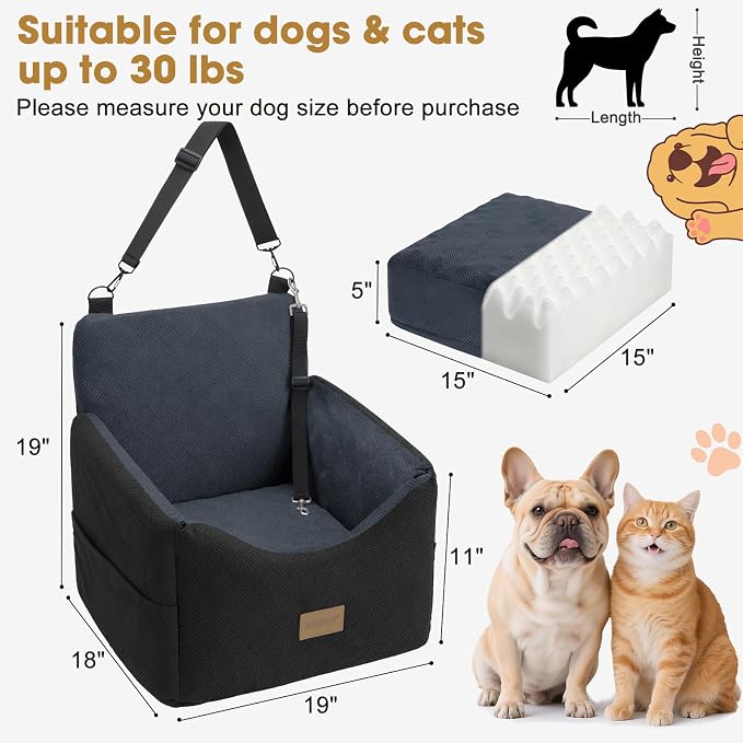 JOEJOY Dog Car Seats for Small Medium Dogs Under 35lbs, Dog Booster Seat with Detachable Washable Cover and Cushion, Memory Foam Pet Car Seat with Safety Belt and Storage Pockets (DG) - Image 5