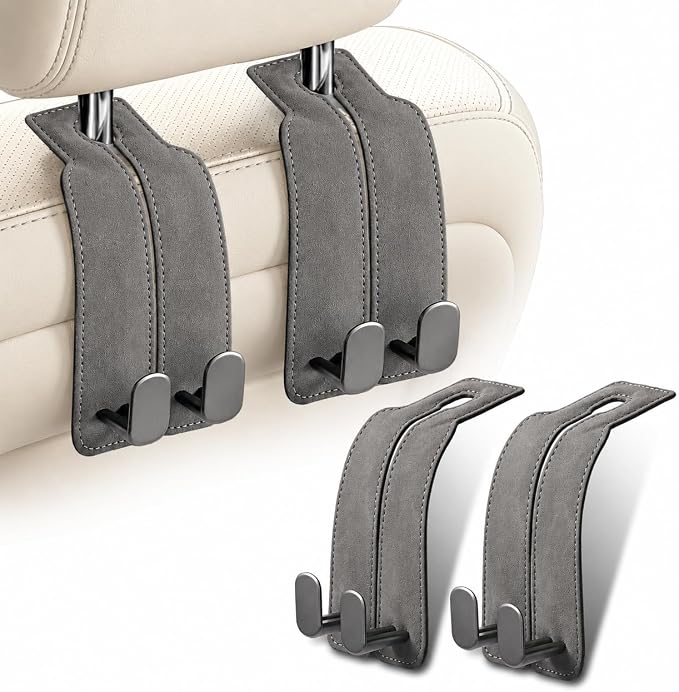 WideFit Car Headrest Hooks, 2 Pack for Wide-Strap Bags, Gray | 0.98 in opening fits thick purse straps. Premium leather and dual metal hooks hold up to 40 lb and rotate 360°. by atFivoy