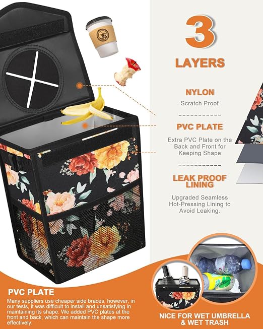 Pritent Car Trash Can with Lid Leakproof Car Garbage Bag Vehicle Trash Bin | Hanging Automotive Garbage Can,Multipurpose Car Accessories for Women Men Interior Car Storage Organizer(2.8 Gal,Rose) - Image 3