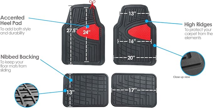 FH Group Automotive Floor Mats - Heavy-Duty Rubber Floor Mats for Cars, Universal Fit Full Set, Climaproof Floor Mats, Trimmable Floor Mats for Most Sedan, SUV, Truck Floor Mats Red - Image 3