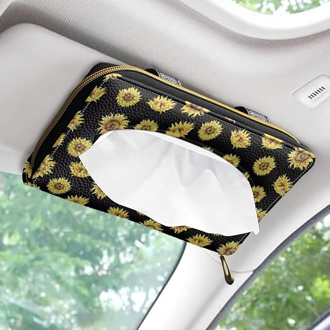 Biyejit 2 Pack Car Tissue Holder, Sunflower Pattern Sun Visor Napkin Holder, Car Visor Tissue Holder, PU Leather Backseat Tissue case Holder for car, Vehicle - Image 2