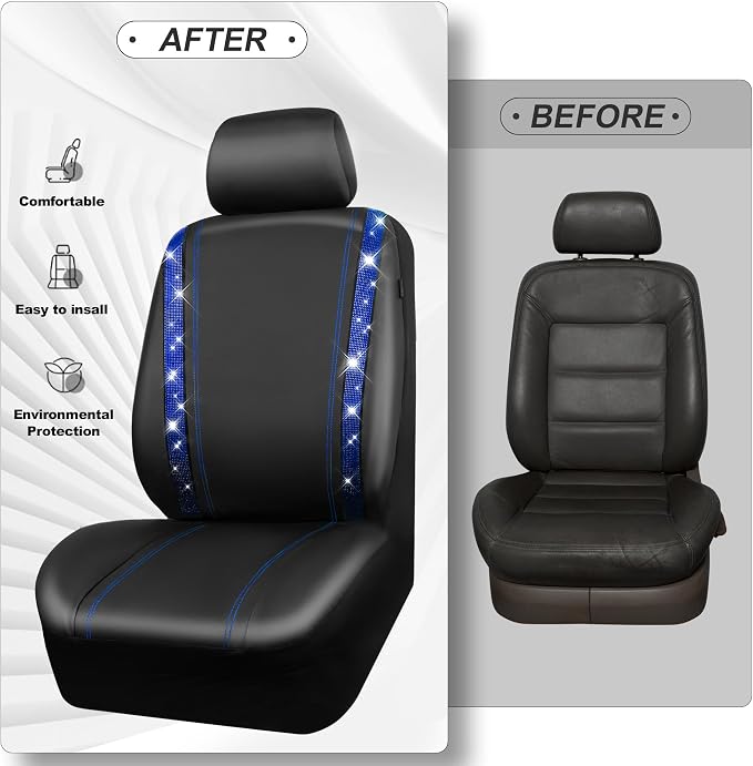 CAR PASS Bling Diamond Car Seat Covers Full Set, Shining Rhinestone Waterproof Faux Leather, Rear with Zipper, Universal Fit Automotive Glitter Crystal Sparkle Strips for Cute Women Girl, Blue - Image 5