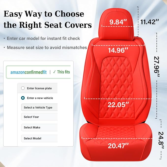 Coverado Full Set Car Seat Covers, 5-Seat Universal Faux Leather Waterproof Seat Covers, Front & Back Car Seat Protectors, Red Leather Seat Covers Fit for Most Vehicles-Red - Image 8
