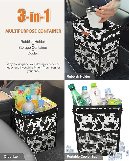 Pritent Car Trash Can with Lid Leakproof Car Garbage Bag Vehicle Trash Bin | Hanging Automotive Garbage Can,Multipurpose Car Accessories for Women Men Interior Car Storage Organizer(2.8 Gal,Cow Print) - Image 5