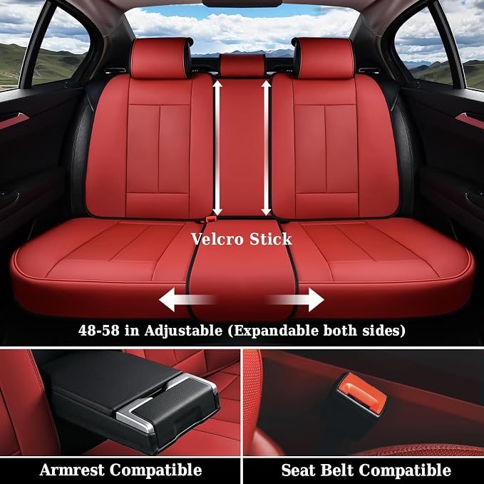 Coverado Car Seat Covers Full Set, Premium Nappa Leather Seat Covers for Car, Waterproof Car Seat Protector with Lumbar Support, Automotive Seat Covers Universal Fit for Most Cars SUV Truck, (Red) - Image 3
