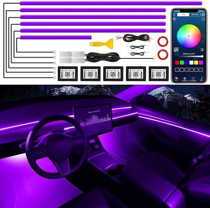Acrylic Interior Car LED Strip Light with Wireless APP, 10 in 1 with 175 inches 593 LEDs Neon LED Strip Light, RGB Colors Dynamic Music Sync Car Ambient Lighting Kits by MAODANER