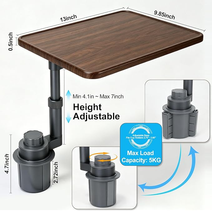 Car Desk for Laptop, 360° Swivel, Height Adjustable Wood-Grain Tray | Tool-free install, fits 2.8"-3.9" cup holders. Scratch-resistant wood-grain finish. For laptop work, dining, or passenger use - Image 3