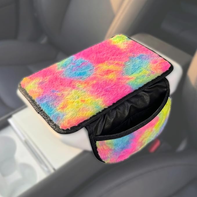 Plush Fuzzy Fur Car Armrest Cover with Side Pockets,Tie Dye | Fluffy Armrest Cushion Pad,Soft Center Console Cover,Car Interior Storage Accessories ,for Most Car Decoration Protector - Image 2