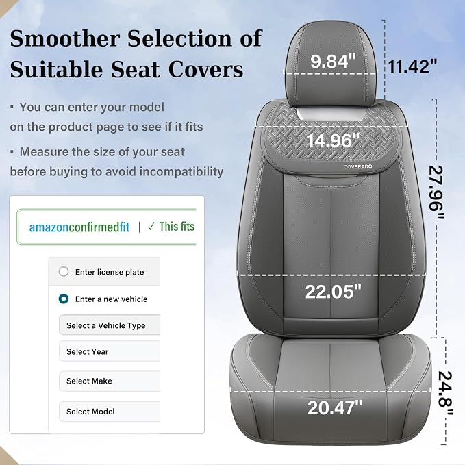 Coverado Car Seat Covers Full Set, Luxury Leather Car Seat Cover, Front and Back Seat Covers for Cars, Waterproof Car Seat Protector, Automotive Seat Covers Universal Fit Most Cars(Gray) - Image 6