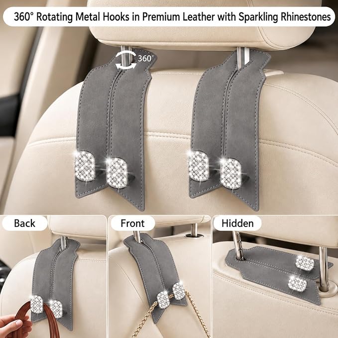 2 Pack Bling Car Headrest Hooks, Purse Hangers, Crystal Gray | Sparkling rhinestones, premium leather, and dual metal hooks add style while holding purses, bags, coats, and groceries. - Image 4