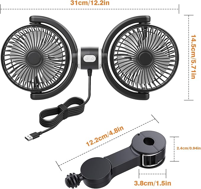 Car Fan USB Powered for Baby Backseat with 3 Speed Separately Controlled | Dual-Head Back seat Fan,Quiet Brushless Motor,360°Rotatable,5V/2A,Air Circulation For Van Truck SUV RV Backrests - Image 8