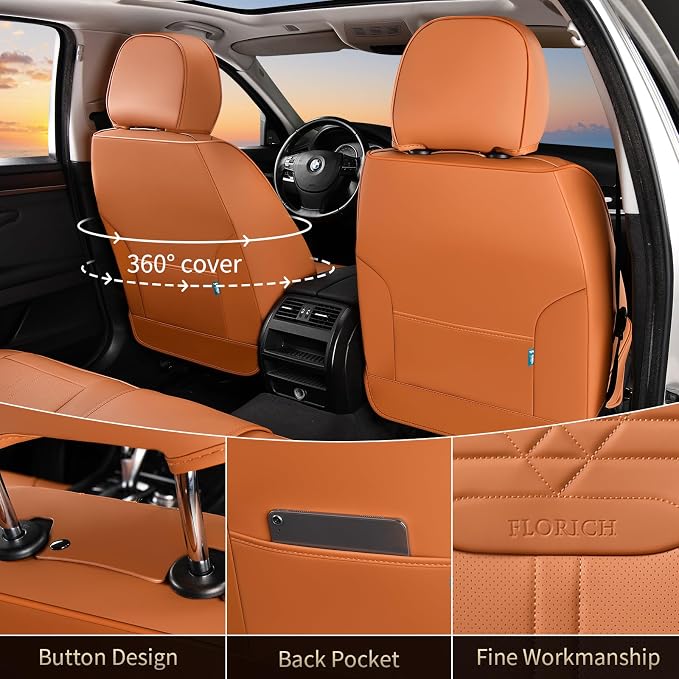 Seat Covers, Car Seat Covers Full Set, Luxury Nappa Leather Seat Covers, Breathable and Waterproof Car Seat Protector 5 Seat, Automotive Seat Covers Universal Fit for Most Cars-Brown - Image 2