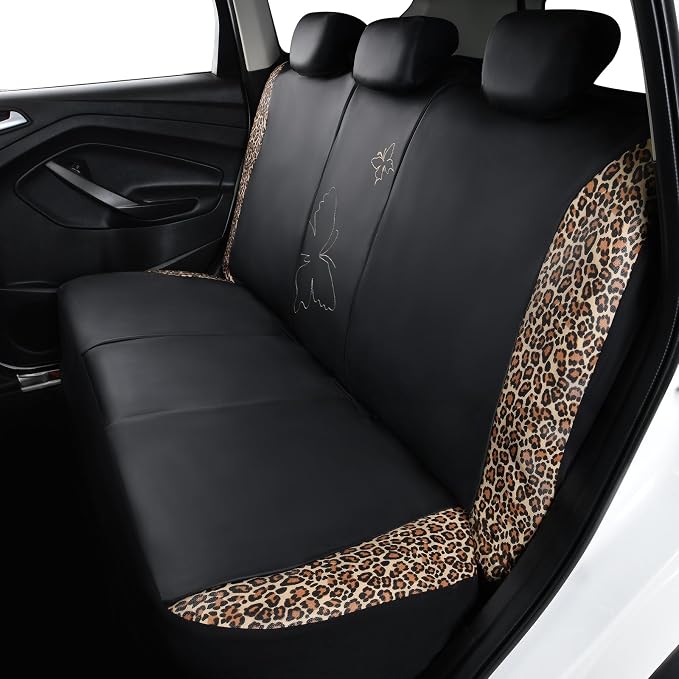 Flying Banner Butterfly car seat Covers ful Set Fashion Universal Lady Woman Female Rear Bench Split Colorized (Full Set - Faux Leather, Leopard Brown) - Image 7