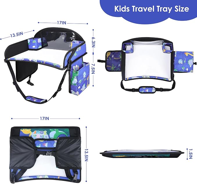 Kids Travel Tray for Toddler Car Seat, Road Trip Activities for Kid | Toddler Car Activities with iPad Holder Stand, Roadtrip Essentials with Dry Erase Board & Cooler Cup Holder,Blue Dinosaur - Image 7