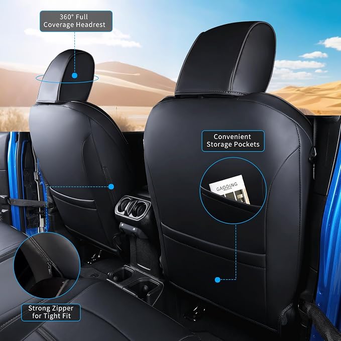 Custom Fit Car Seat Covers Full Set for 2020-2026 Jeep Gladiator | Premium Faux Leather, Waterproof, Scratch Resistant, Airbag Compatible, Not for Front Power Seats - Image 2