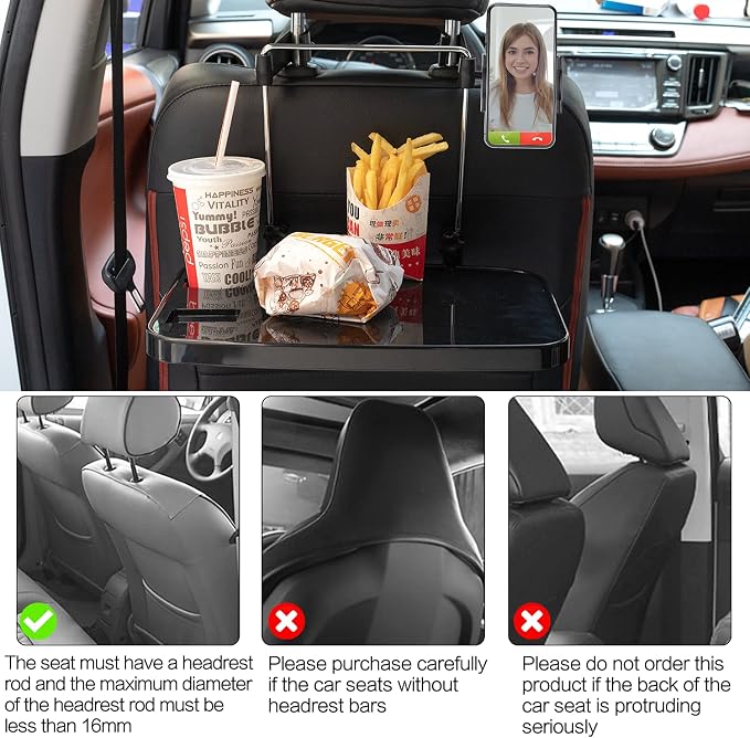 Foldable Car Seat Back Portable Tray with Phone Mount for Food Dining Drink and Laptop, Hanging Car Steering Wheel Tray(Upgrade) - Image 3