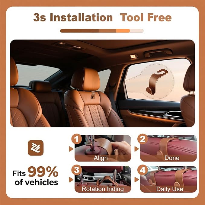 Car Seat Hooks & Purse Holder - 4 Pack Boxed,55 lb Heavy Duty,Eco PP Car Hooks for Purse/Bag/Baby Gear/Gym Bag/Groceries/Cup/,Fits 0.32-0.55”Car Headrest Rods (Brown-2) - Image 2
