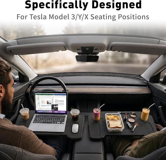 Tesla Model 3 Model Y Car Desk, Triple Foldable Laptop Table Food Tray, Portable Full Size Car Table with Cup Holder, Multipurpose Tray for Eating Working Travel Camping Accessories - Image 2