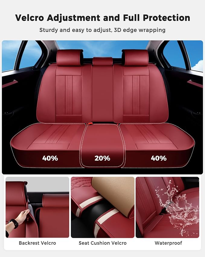 Huidasource Rear Car Seat Cover, Luxury Faux Leather Back Seat Cover, Velcro Adjustable, Compatible with Child Seat, Perforation Cooling＆Heating, Universal Fit for Most Cars, Vans, Trucks, SUVs, Red - Image 6