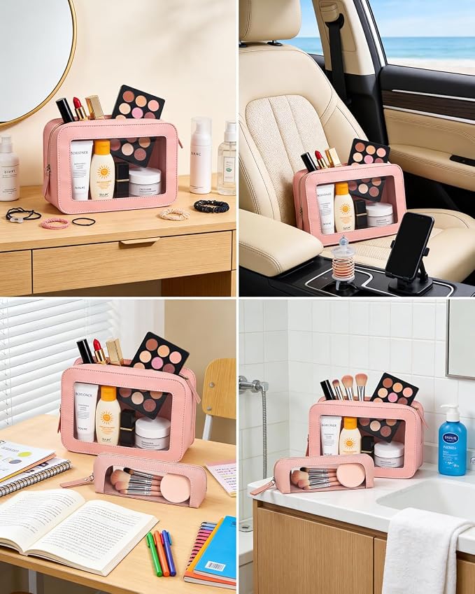 2Pack Clear Makeup Bags Set, Small Clear Makeup Bag, PU Leather Travel Makeup Brush Case Portable Transparent Waterproof Cosmetic Pencil Case Organizer Pouch(2Pack-White Set) - Image 4