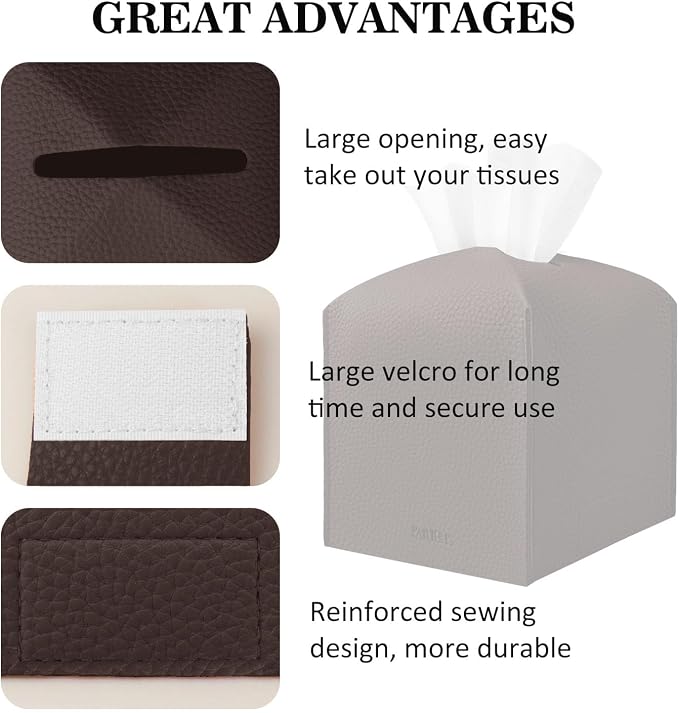 Tissue Box Cover Holder Square Tissue Cube Cover PU Leather Tissue Organizer with Bottom Belt for Bathroom, Tabletop, Car, Night Stands, Office, Home, Kitchen (1, CoffeeBrown) - Image 4