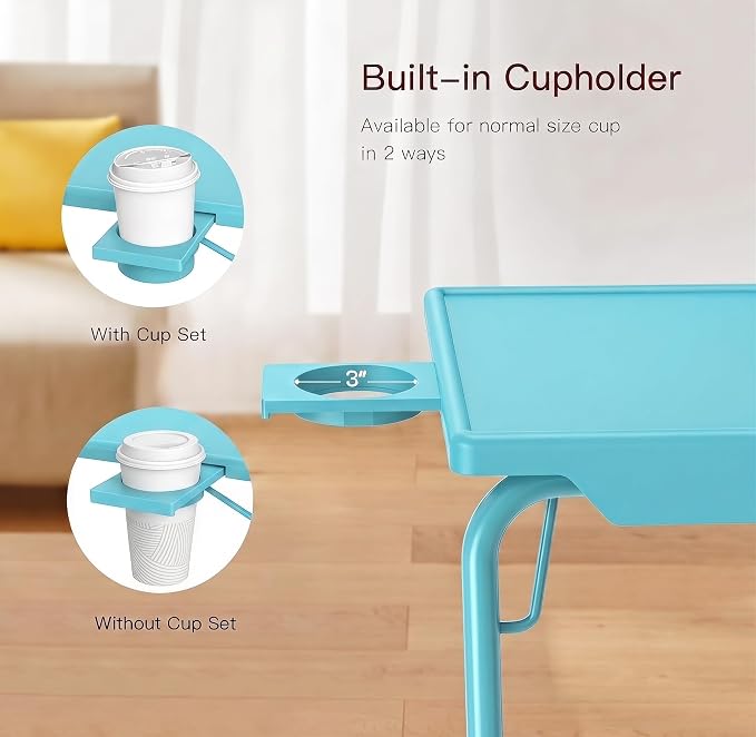 HUANUO Adjustable TV Tray Table - TV Dinner Tray with Cup Holder on Bed & Sofa, Comfortable Folding Table with 6 Height & 3 Tilt Angle Adjustments for Laptop (Azure) - Image 6