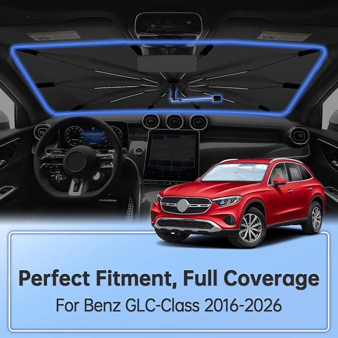 Windshield Sun Shade Umbrella for Benz GLC-Class 2016-2026 Front Window | Foldable Car Sunshade, 360 Rotation Automotive Interior UV Protection for Outdoor Parking, Keep Car Cool - Image 2